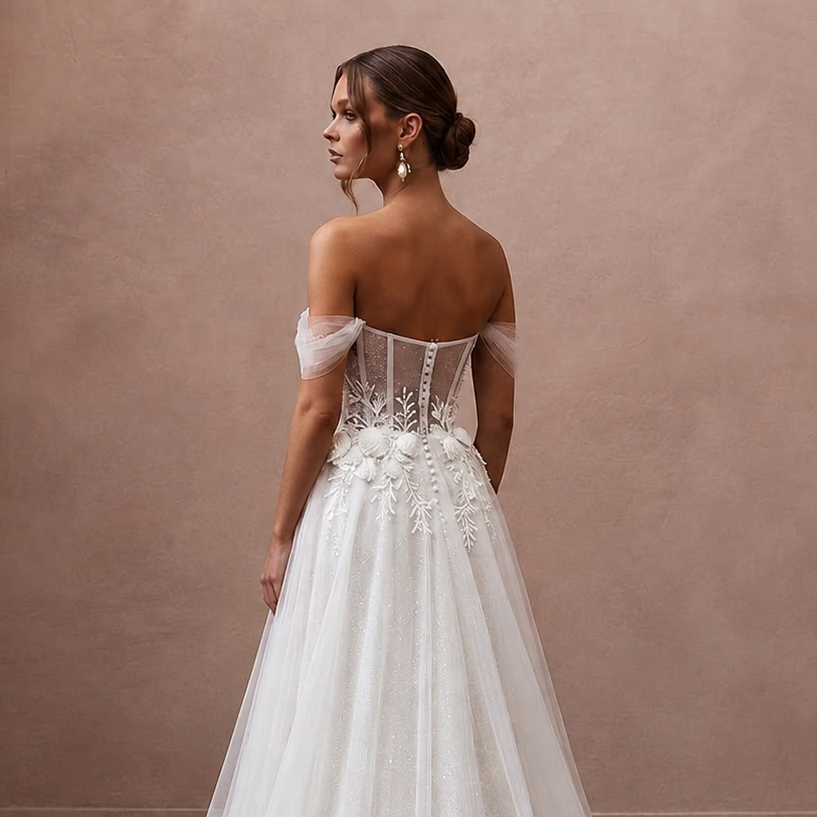 Romantic Tulle Wedding Dress with A-Line Silhouette for a Beach Wedding