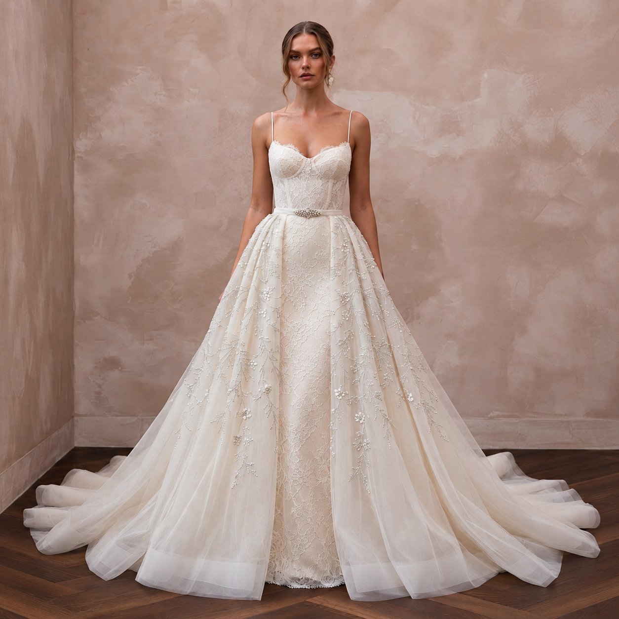 Romantic Tulle Wedding Dress with Detachable Overskirt