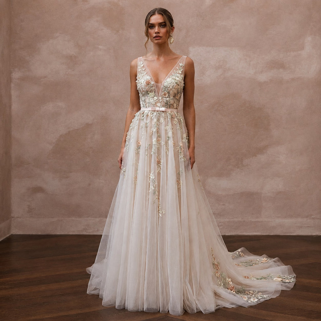 Romantic Tulle Wedding Dress with Floral Embroidery for an Outdoor Wedding