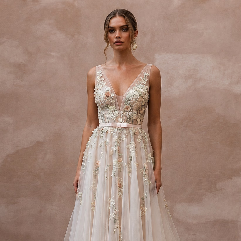 Romantic Tulle Wedding Dress with Floral Embroidery for an Outdoor Wedding