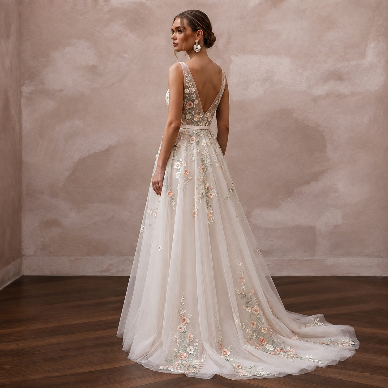 Romantic Tulle Wedding Dress with Floral Embroidery for an Outdoor Wedding