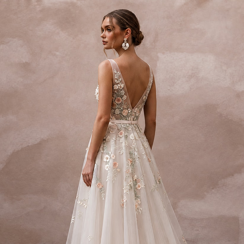Romantic Tulle Wedding Dress with Floral Embroidery for an Outdoor Wedding
