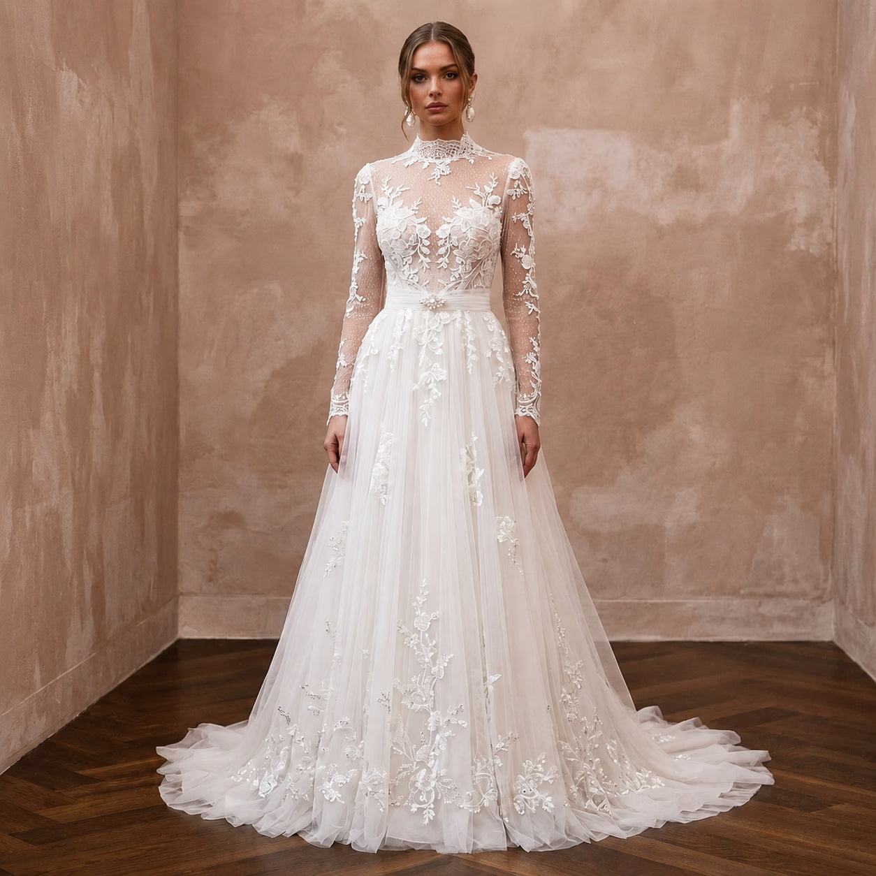 Romantic Tulle Wedding Dress with Long Sleeves and A-Line Silhouette
