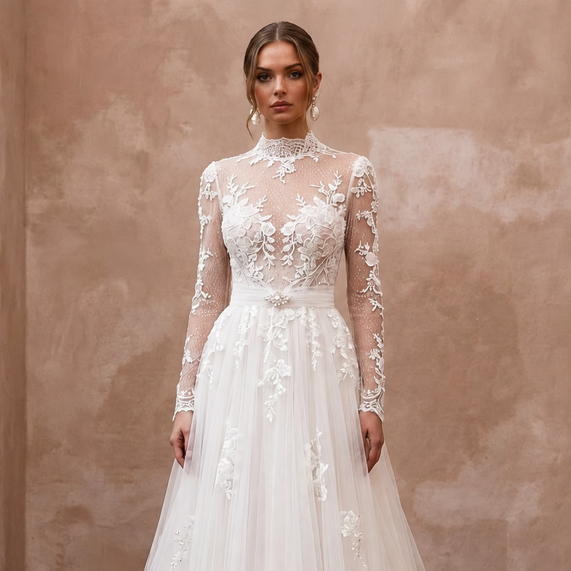 Romantic Tulle Wedding Dress with Long Sleeves and A-Line Silhouette