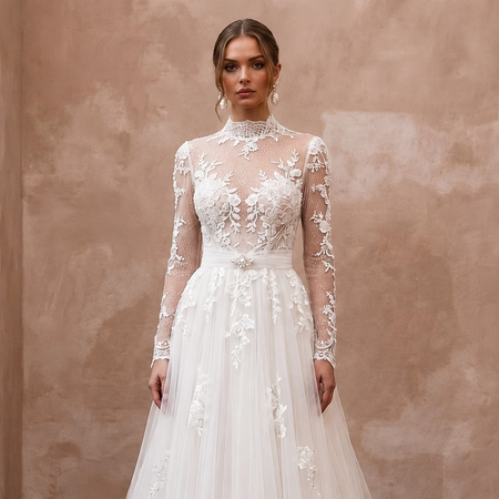 Romantic Tulle Wedding Dress with Long Sleeves and A-Line Silhouette