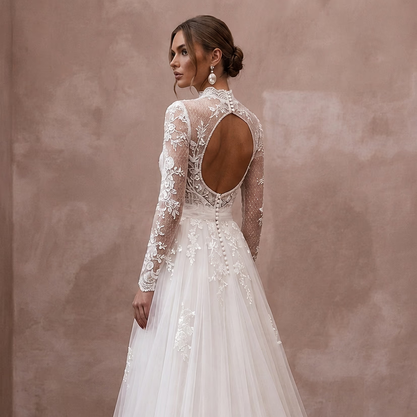 Romantic Tulle Wedding Dress with Long Sleeves and A-Line Silhouette