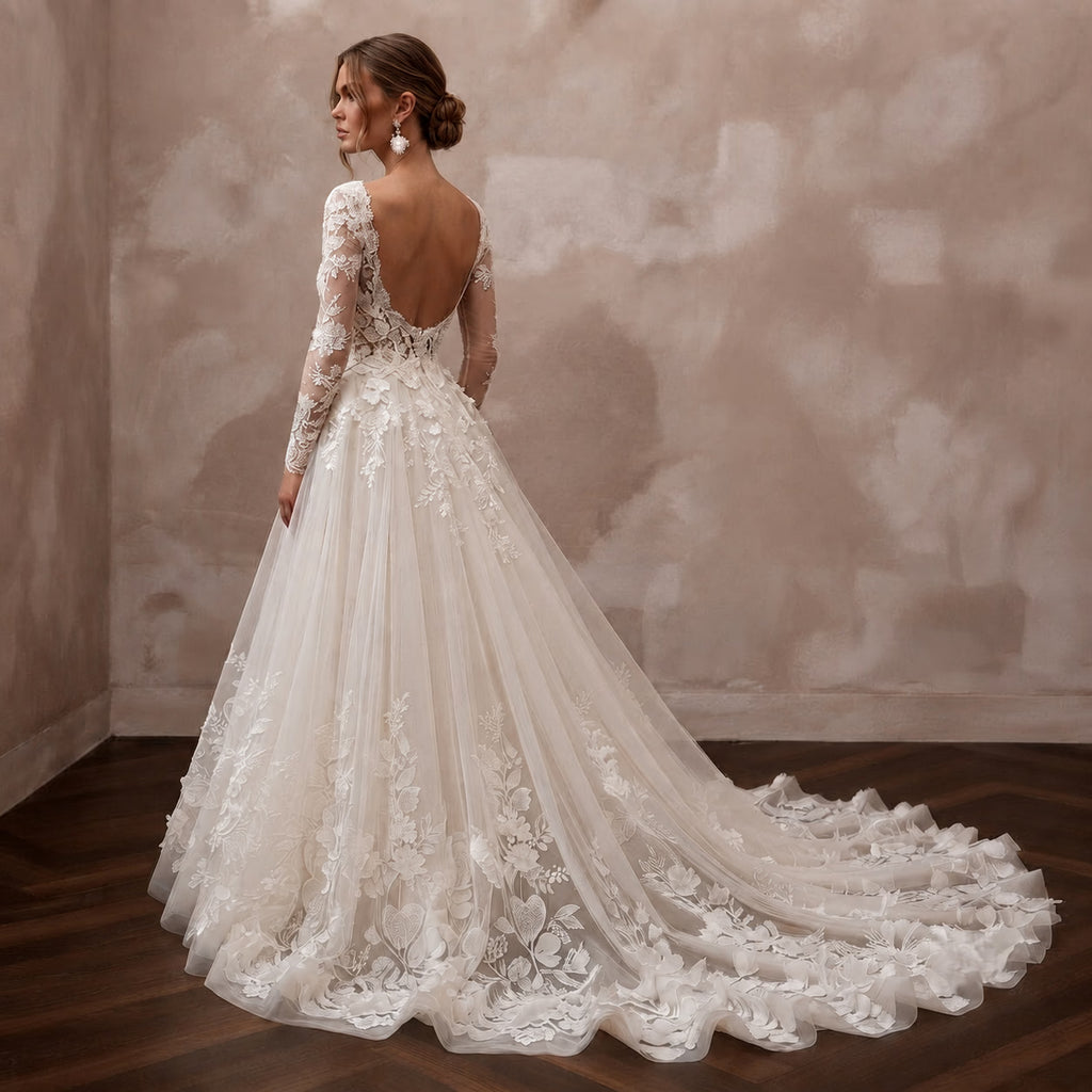 Romantic Wedding Dresses with Cascading Floral Trains - Apparel & Accessories > Clothing > Wedding & Bridal Party Dresses > Wedding Dresses - Mignonette