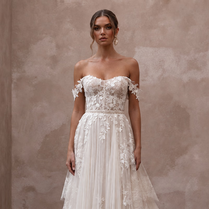 Romantic Wedding Dresses with Cascading Lace Trains - Apparel & Accessories > Clothing > Wedding & Bridal Party Dresses > Wedding Dresses - Mignonette