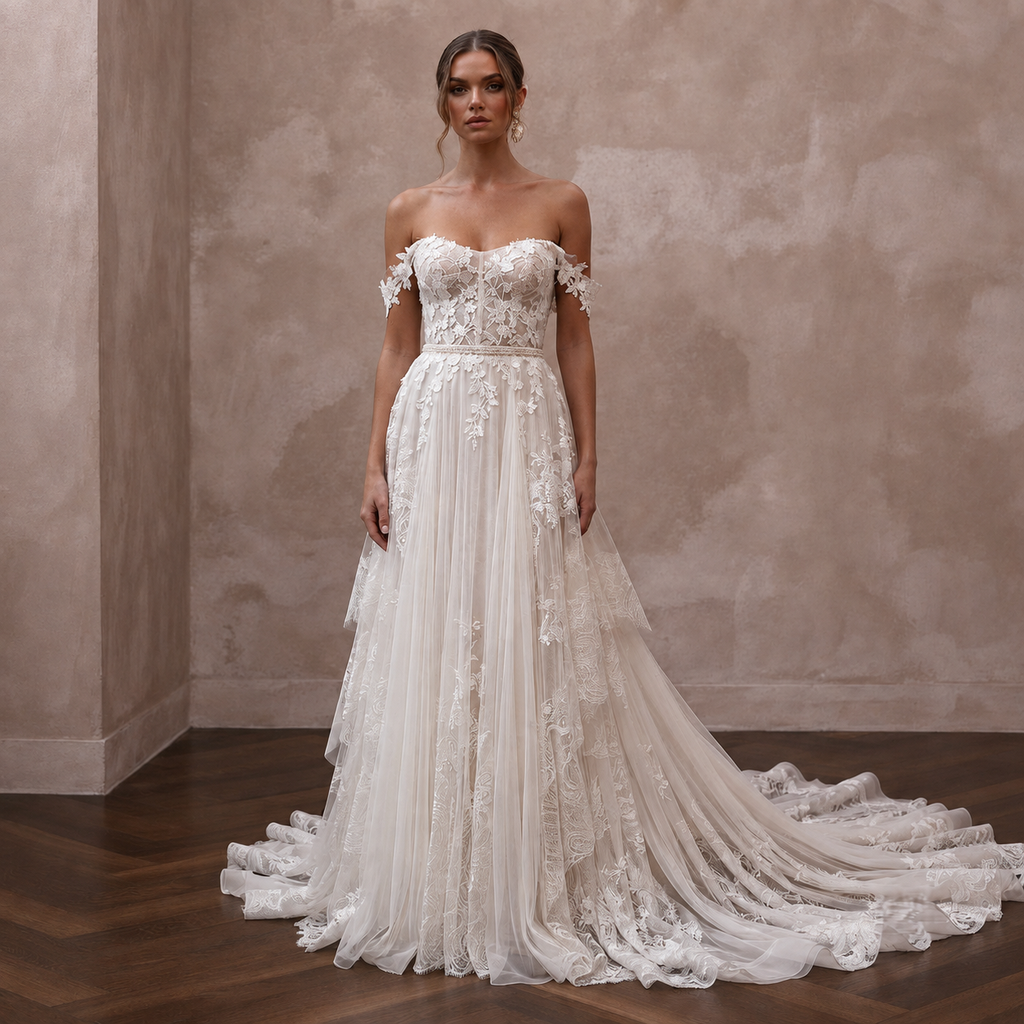 Romantic Wedding Dresses with Cascading Lace Trains