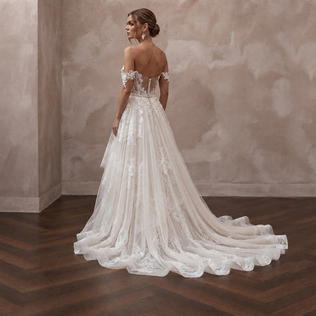 Romantic Wedding Dresses with Cascading Lace Trains - Apparel & Accessories > Clothing > Wedding & Bridal Party Dresses > Wedding Dresses - Mignonette