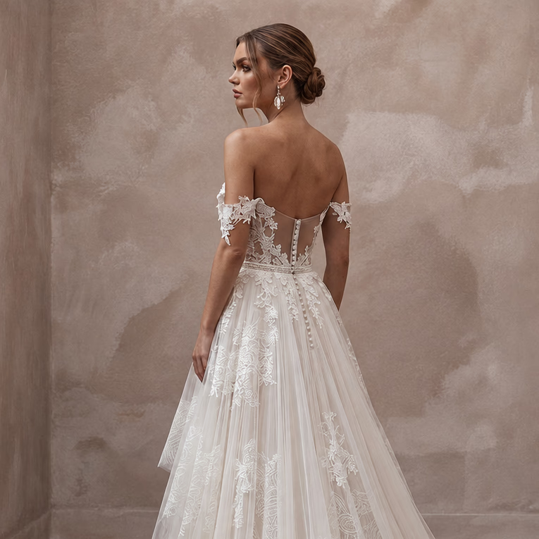 Romantic Wedding Dresses with Cascading Lace Trains - Apparel & Accessories > Clothing > Wedding & Bridal Party Dresses > Wedding Dresses - Mignonette