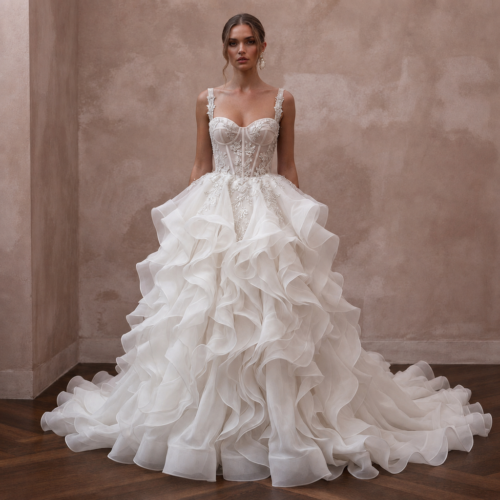 Romantic Wedding Dresses with Cascading Organza Ruffles