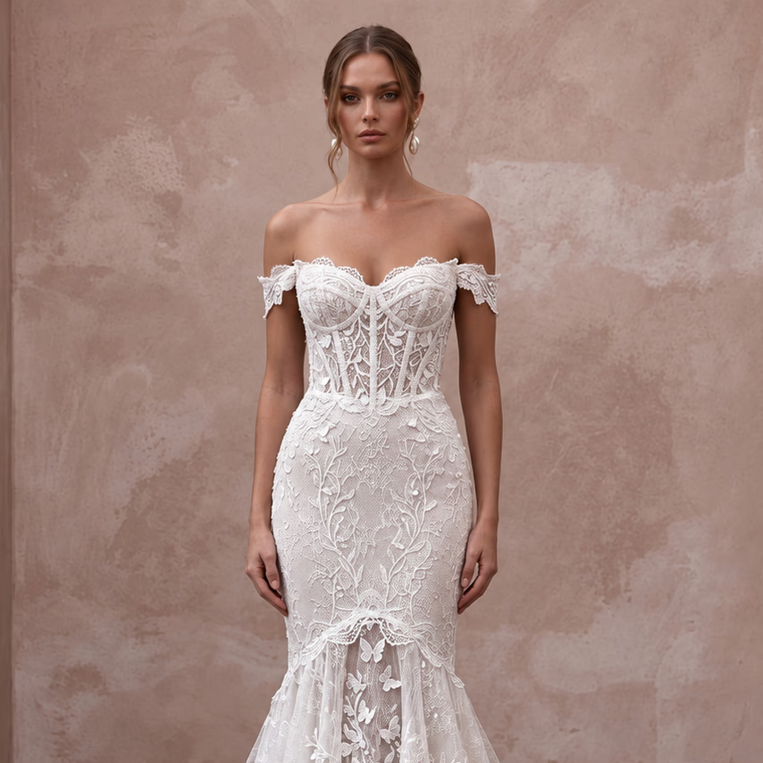 Romantic White Alençon Lace Off-the-Shoulder Mermaid Dress