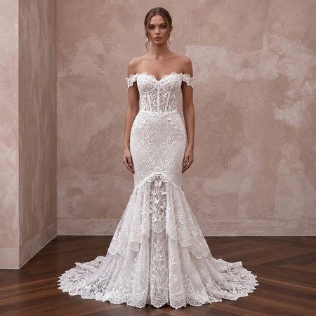 Romantic White Alençon Lace Off-the-Shoulder Mermaid Dress