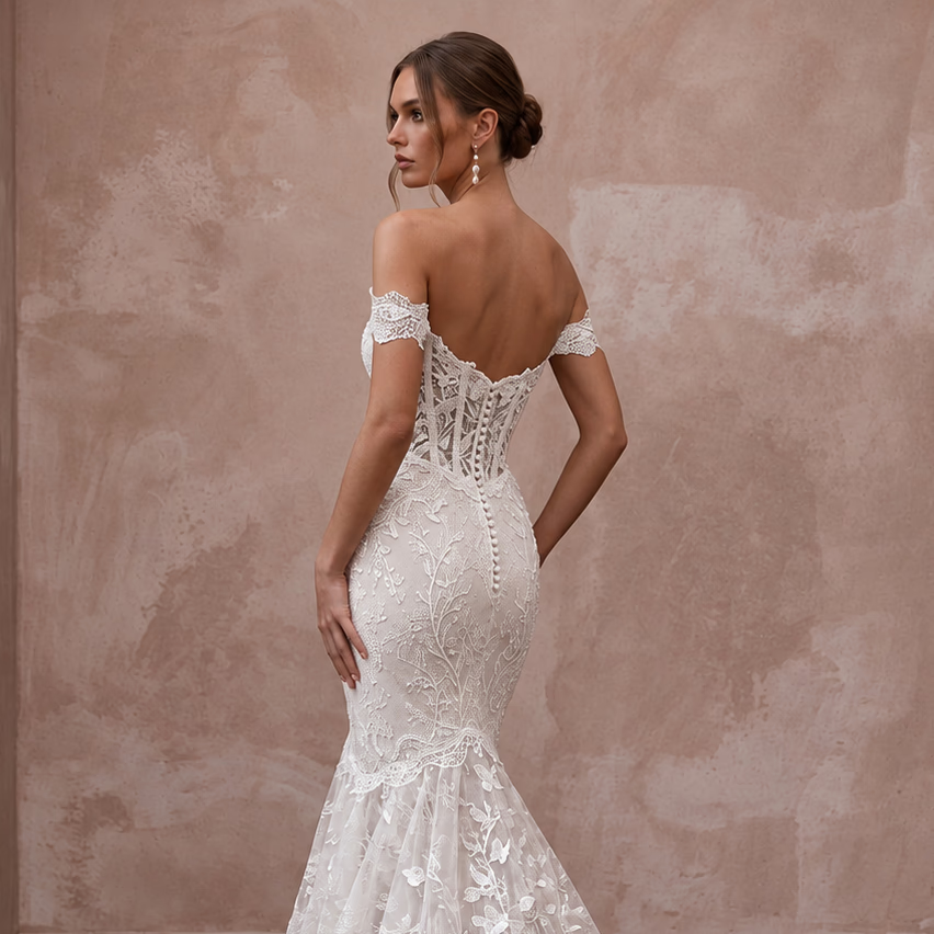Romantic White Alençon Lace Off-the-Shoulder Mermaid Dress