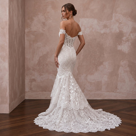 Romantic White Alençon Lace Off-the-Shoulder Mermaid Dress