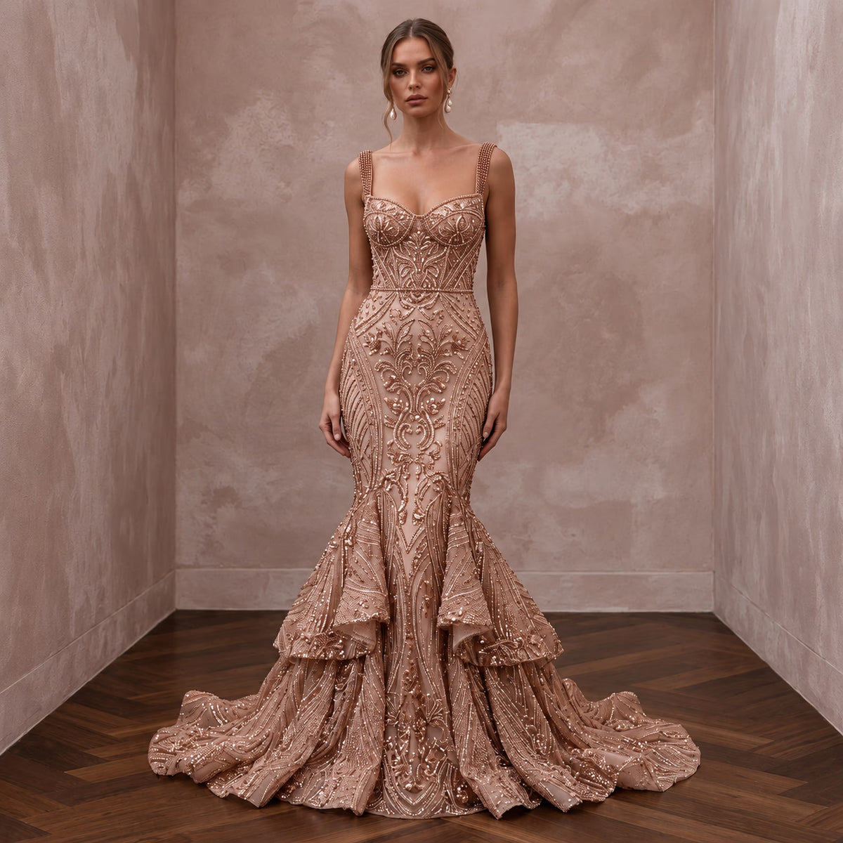 Rose Gold Beaded Tulle Mermaid Gown for Black Tie Wedding