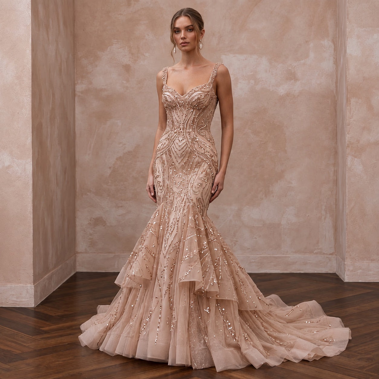Rose Gold Beaded Tulle Mermaid Gown for Black Tie Wedding - Apparel & Accessories > Clothing > Wedding & Bridal Party Dresses > Wedding Dresses - Mignonette Bridal