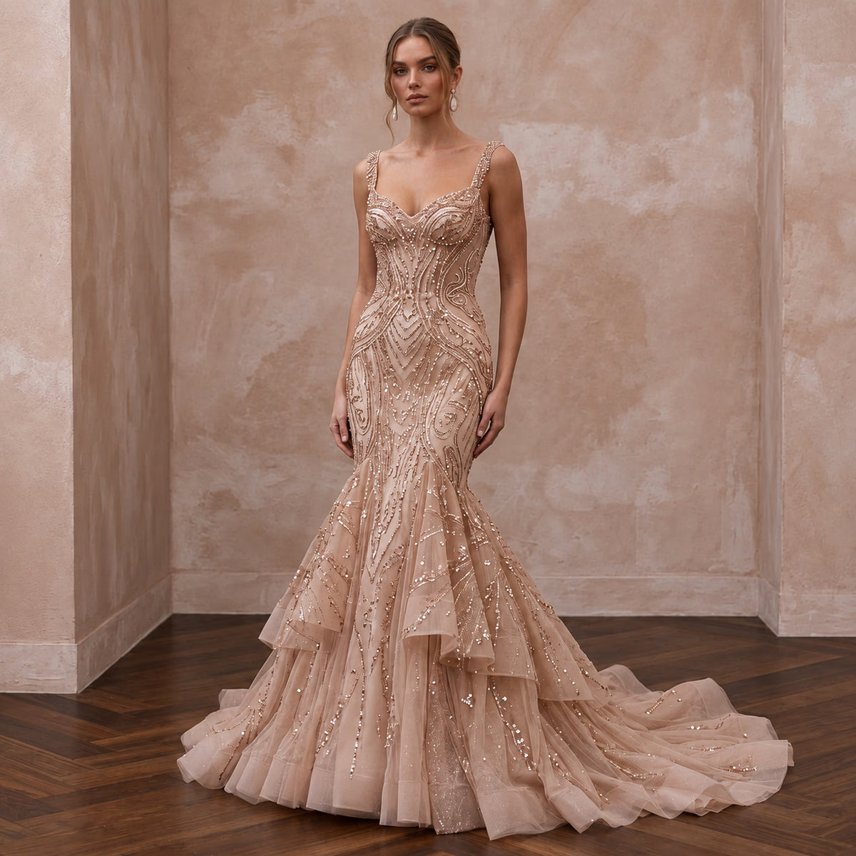 Rose Gold Beaded Tulle Mermaid Gown for Black Tie Wedding