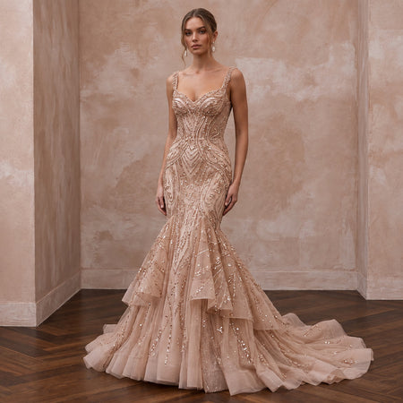Rose Gold Beaded Tulle Mermaid Gown for Black Tie Wedding