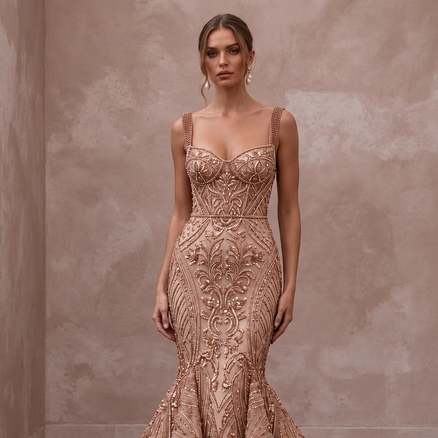 Rose Gold Beaded Tulle Mermaid Gown for Black Tie Wedding