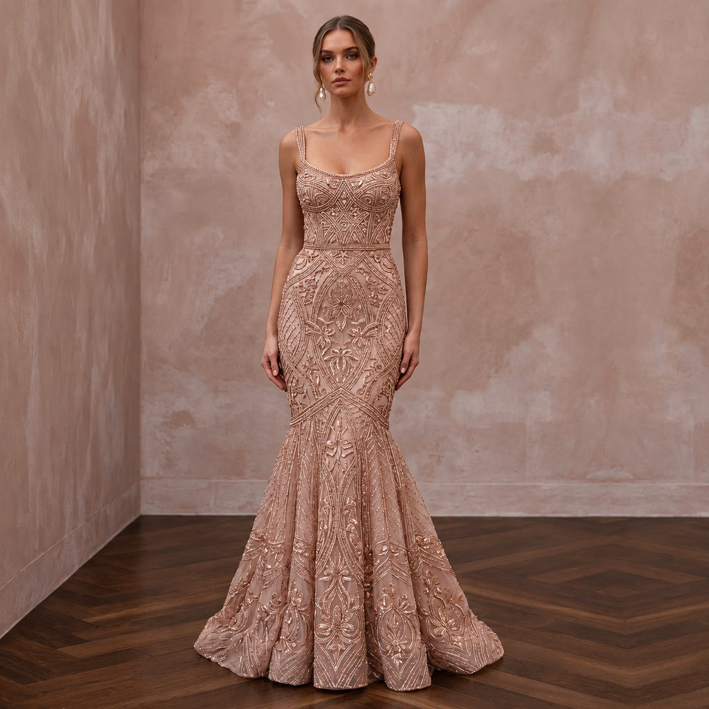 Rose Gold Beaded Tulle Mermaid Gown for Black Tie Wedding Guest