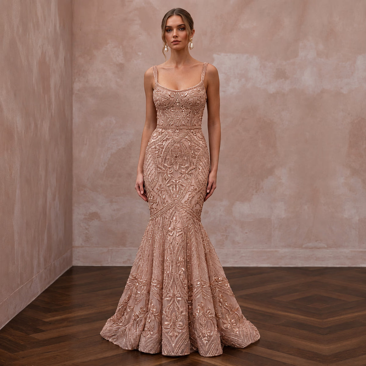 Rose Gold Beaded Tulle Mermaid Gown for Black Tie Wedding Guest