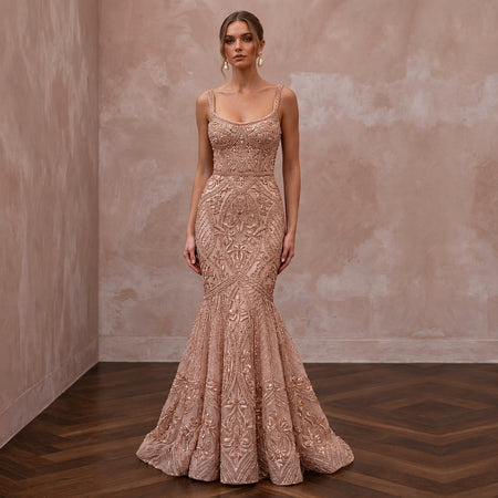 Rose Gold Beaded Tulle Mermaid Gown for Black Tie Wedding Guest