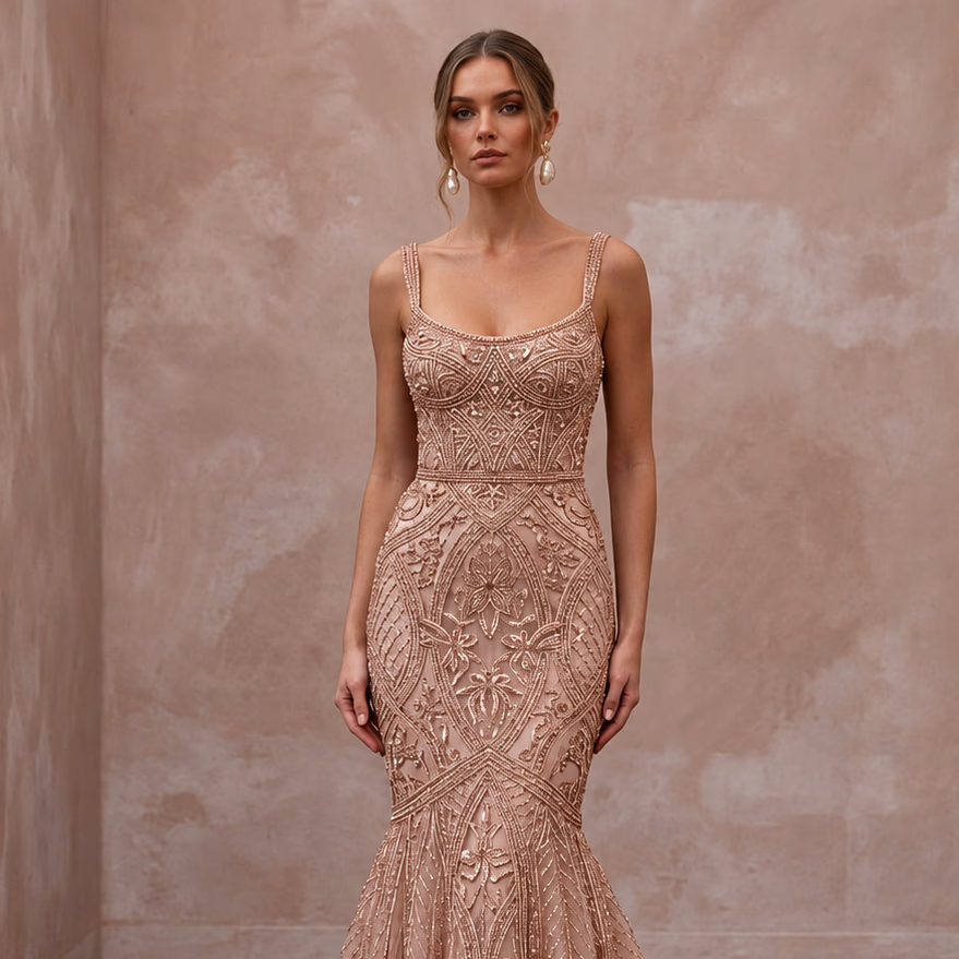 Rose Gold Beaded Tulle Mermaid Gown for Black Tie Wedding Guest