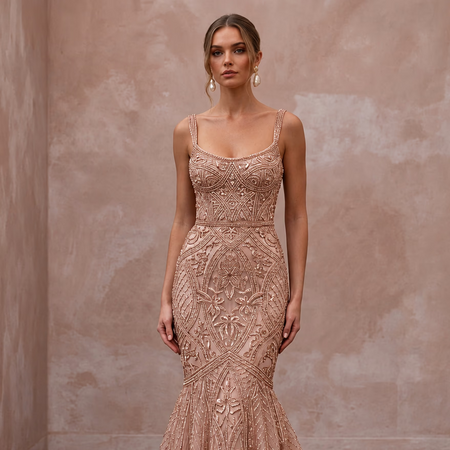 Rose Gold Beaded Tulle Mermaid Gown for Black Tie Wedding Guest