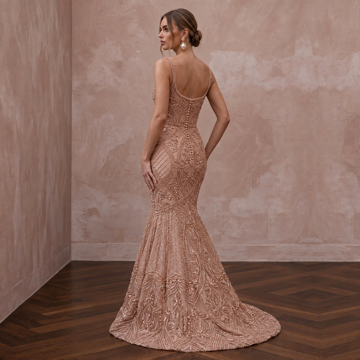 Rose Gold Beaded Tulle Mermaid Gown for Black Tie Wedding Guest