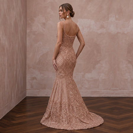 Rose Gold Beaded Tulle Mermaid Gown for Black Tie Wedding Guest