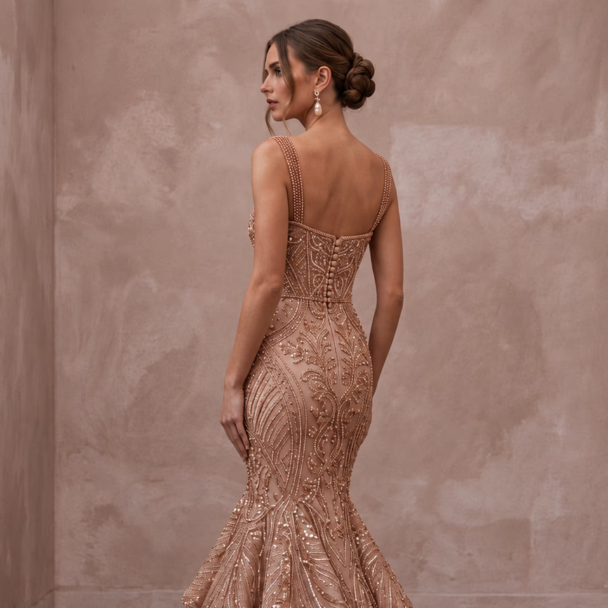 Rose Gold Beaded Tulle Mermaid Gown for Black Tie Wedding