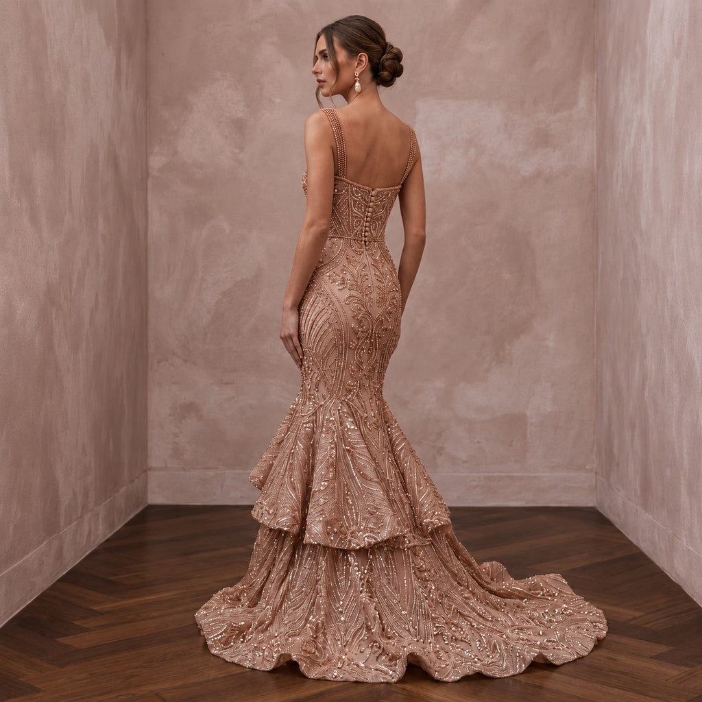 Rose Gold Beaded Tulle Mermaid Gown for Black Tie Wedding