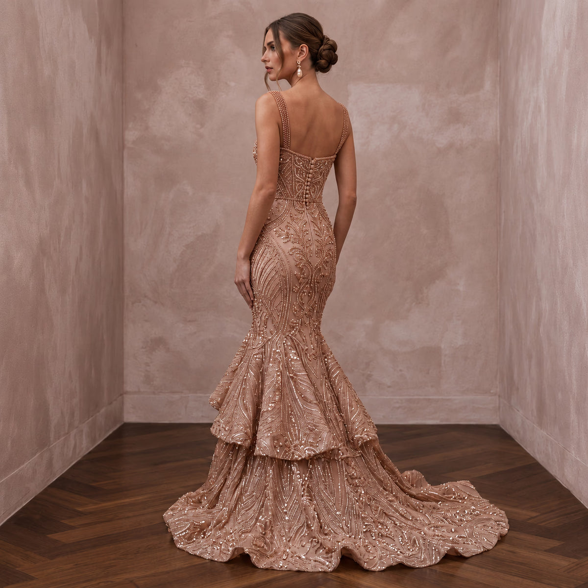 Rose Gold Beaded Tulle Mermaid Gown for Black Tie Wedding