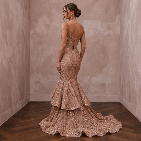 Rose Gold Beaded Tulle Mermaid Gown for Black Tie Wedding