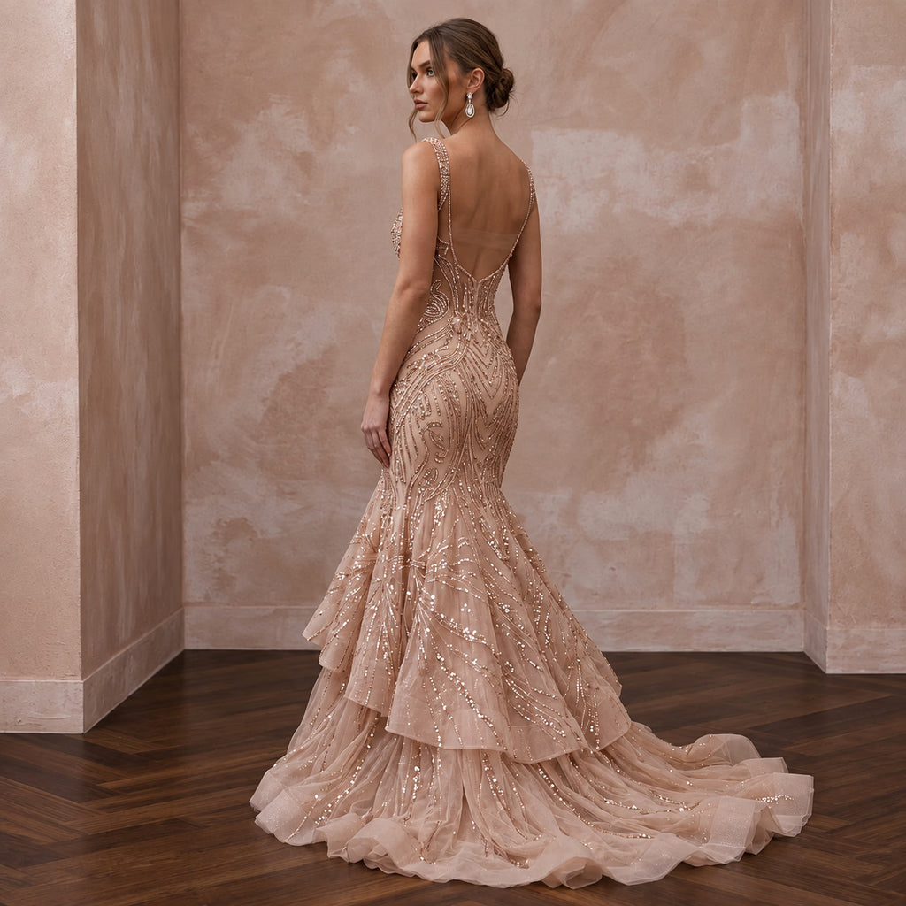 Rose Gold Beaded Tulle Mermaid Gown for Black Tie Wedding
