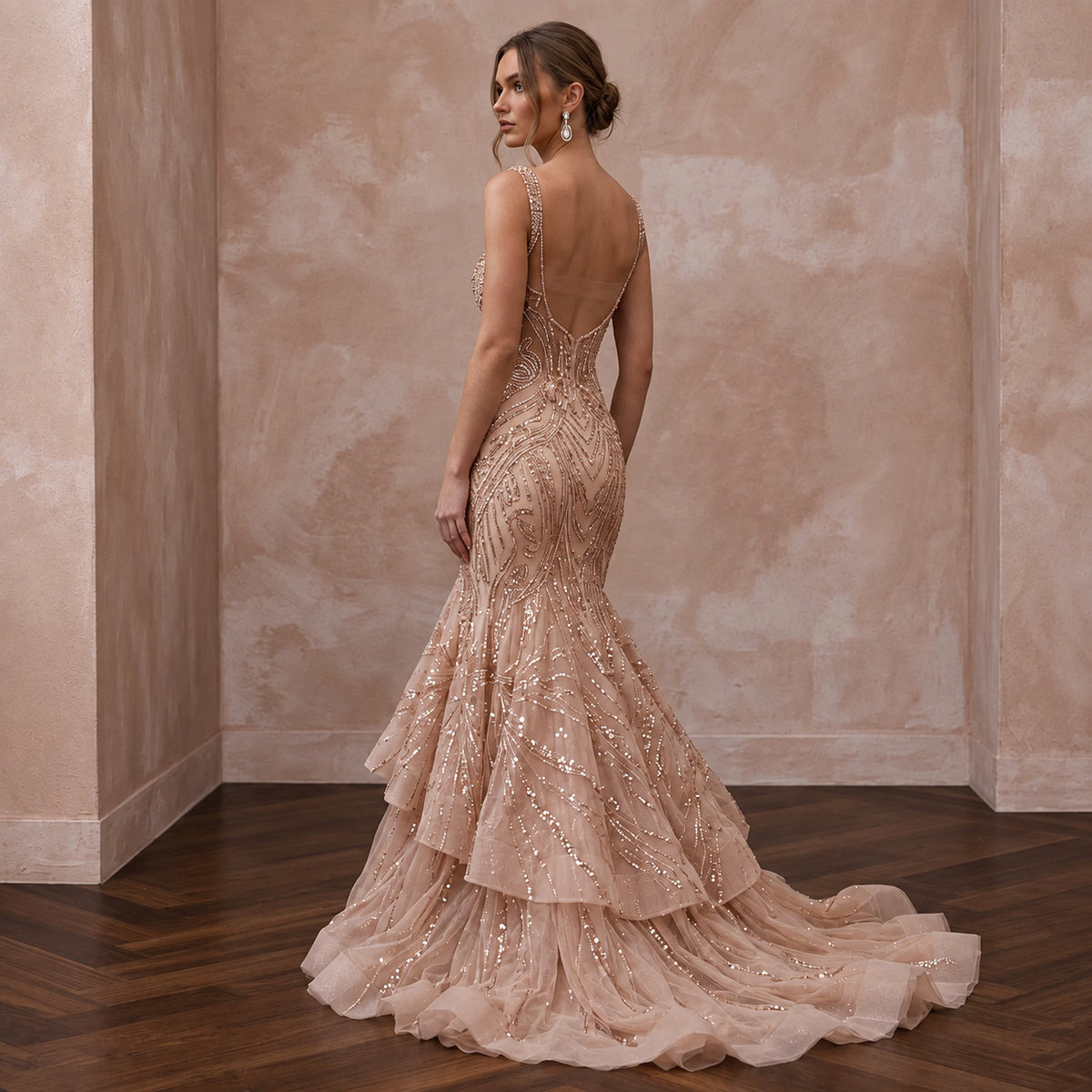 Rose Gold Beaded Tulle Mermaid Gown for Black Tie Wedding