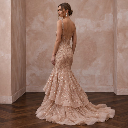 Rose Gold Beaded Tulle Mermaid Gown for Black Tie Wedding