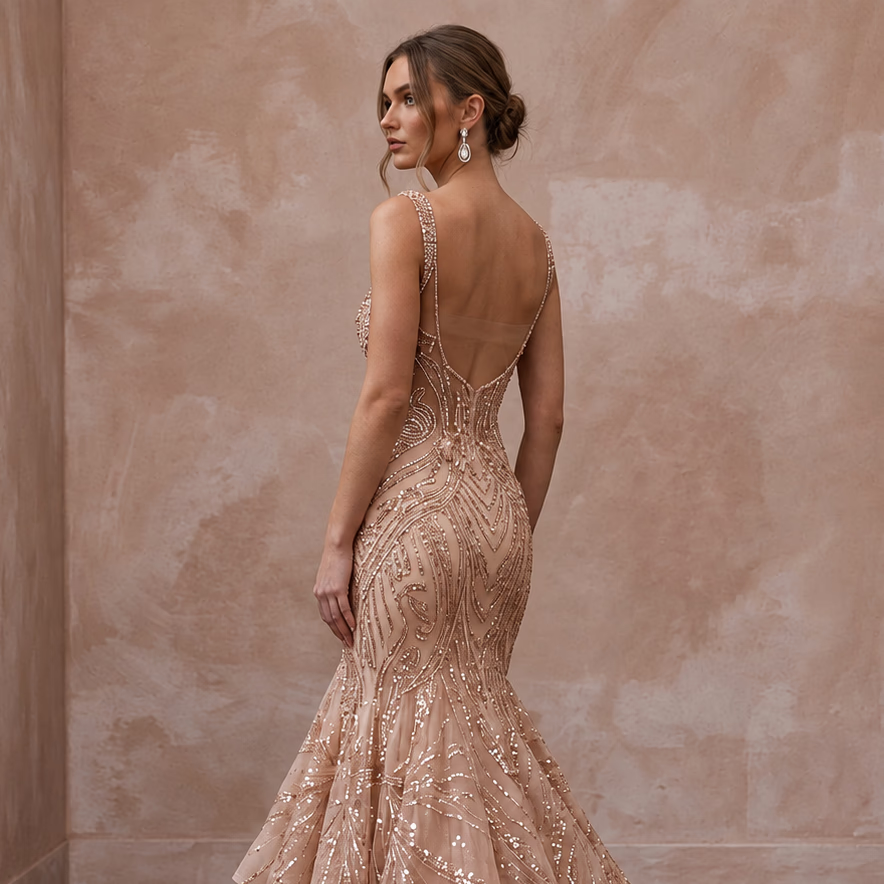 Rose Gold Beaded Tulle Mermaid Gown for Black Tie Wedding