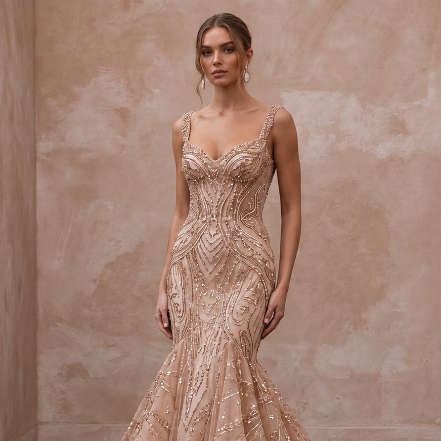 Rose Gold Beaded Tulle Mermaid Gown for Black Tie Wedding