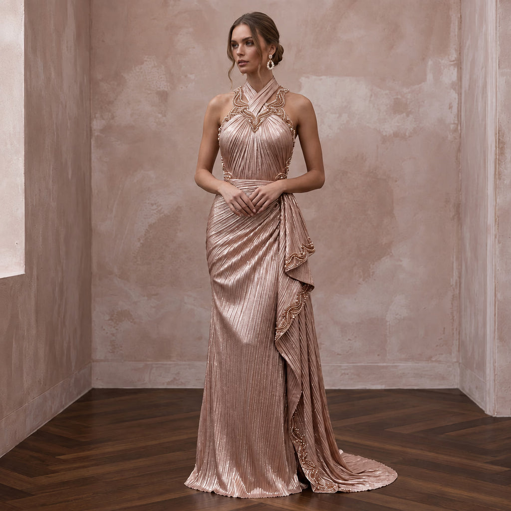 Rose Gold Metallic Plisse Halter Neck Prom Dress
