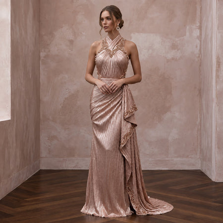 Rose Gold Metallic Plisse Halter Neck Prom Dress