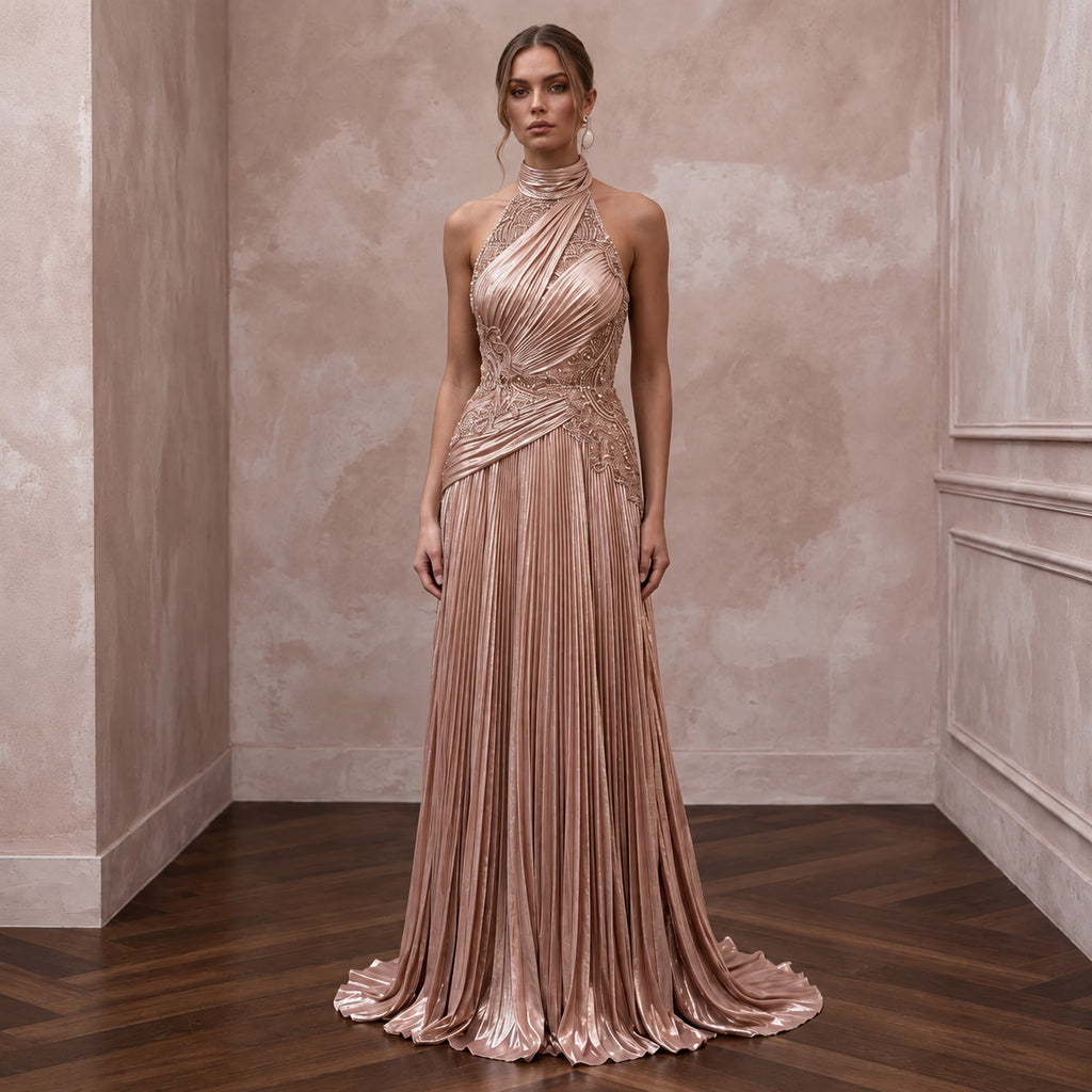 Rose Gold Metallic Plisse Halter Neck Prom Dress