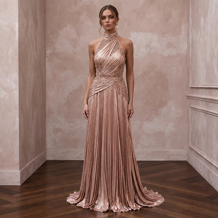 Rose Gold Metallic Plisse Halter Neck Prom Dress