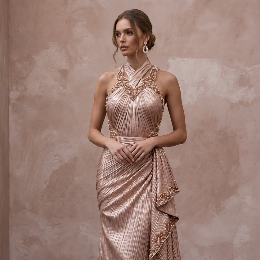 Rose Gold Metallic Plisse Halter Neck Prom Dress