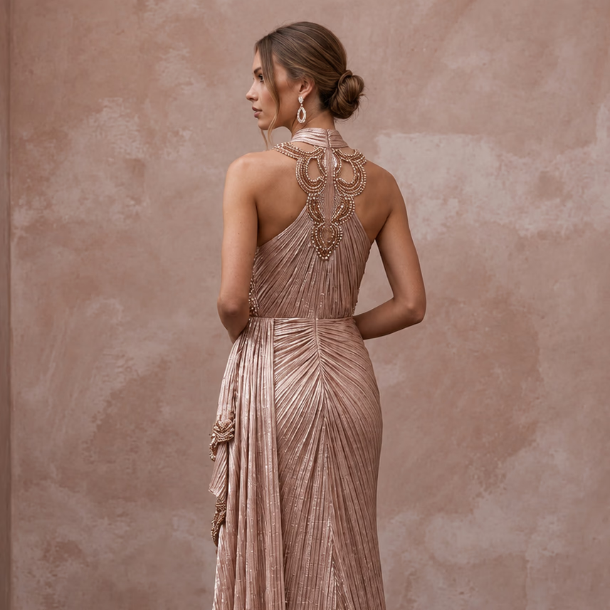 Rose Gold Metallic Plisse Halter Neck Prom Dress