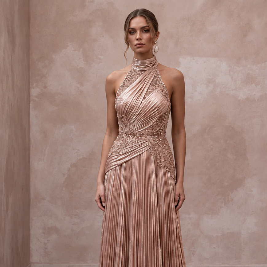Rose Gold Metallic Plisse Halter Neck Prom Dress