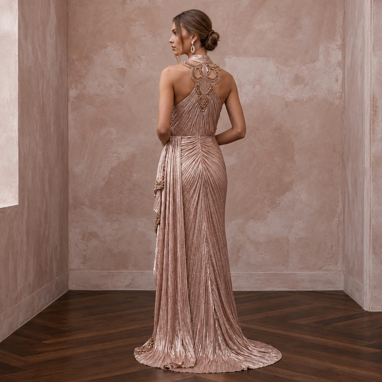 Rose Gold Metallic Plisse Halter Neck Prom Dress Secondary image
