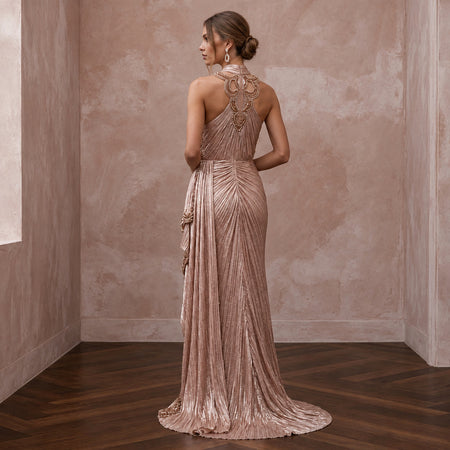 Rose Gold Metallic Plisse Halter Neck Prom Dress